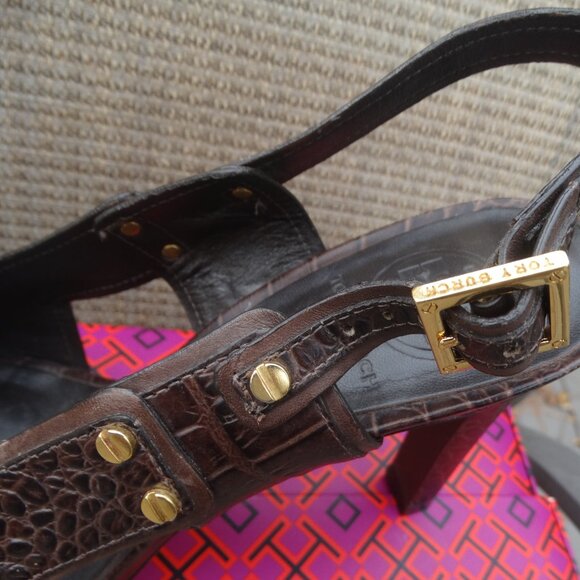 TORY BURCH 9M NAOMI Brown Croc Embossed Leather Slingback Heels - Picture 5 of 9